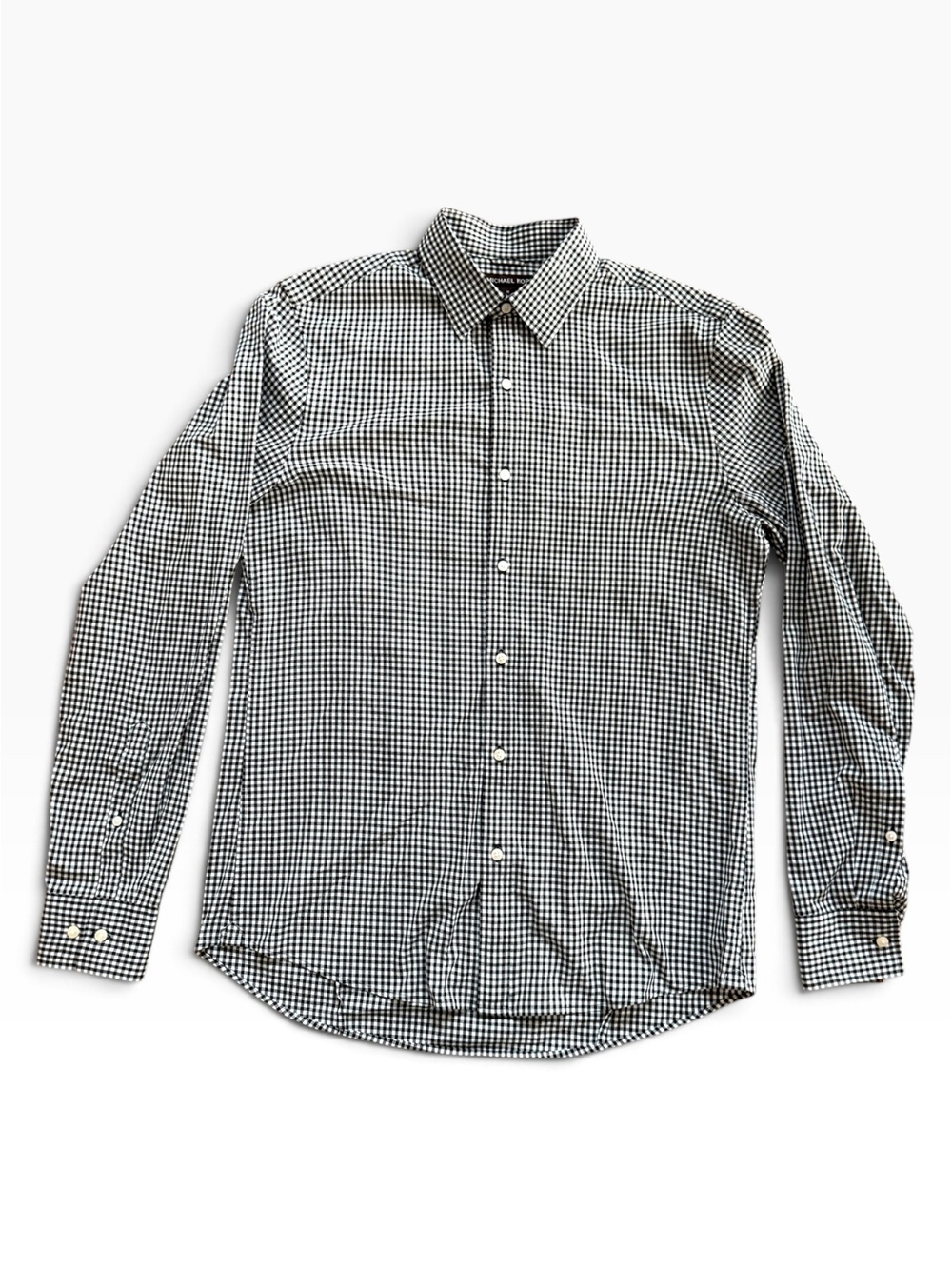 Michael Kors Mens Shirt Medium M Trim Stretch Gingham Black White Button Down